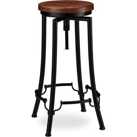 Tabouret de Bar, Design Industriel, pivotant, Chaise Ronde, Hauteur 77,5 cm Max. Fer Bois, Noir/Marron, 67,5 x 34 x 34 cm (1/5)