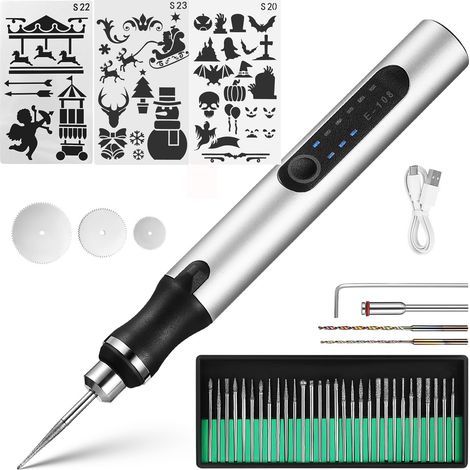 Elektrischer Gravierstift, 3 einstellbare Geschwindigkeiten, wiederaufladbares kabelloses Gravierwerkzeug, 41-teiliges Set (silber) (1/5)