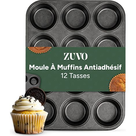 Moule à Muffins et Cupcakes 12 Cavités Plaque de Cuisson Antiadhésive en Acier Carbone 33 x 26,5 x 3 cm Résistant Four, Congélateur (1/5)