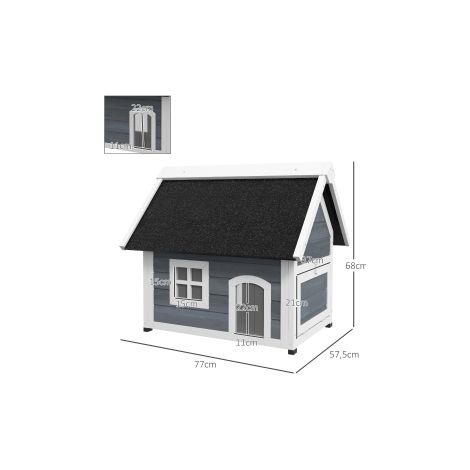 Maison pour chat, abri pour chat en bois, avec toit en bitume relevable, niche pour chat étanche avec fenêtre, 3 portes, 77 x 57,5 x 68 cm, Gris (1/5)