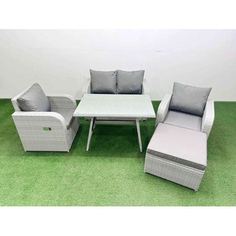Fimous Light Grey PE Wicker Rattan Garden Furniture Set Sofa Set Reclining Chair Love Sofa Rectangular Dining Table Big Stool (1/4)