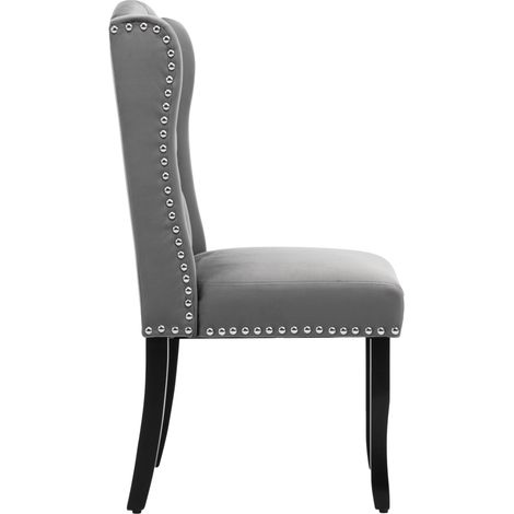 Lot de 6 chaises de salle à manger en velours gris avec pieds en chêne et détails métalliques (1/5)
