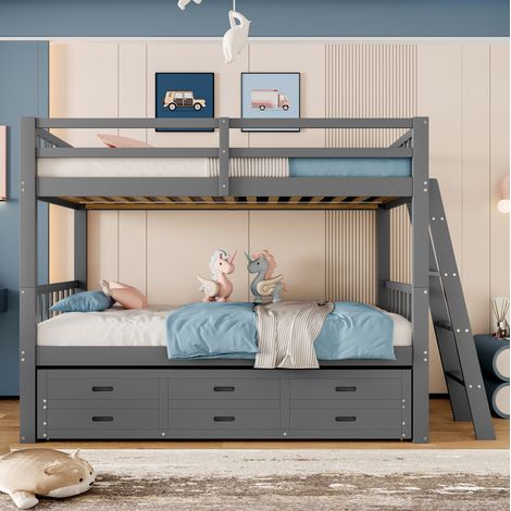 Etagenbett 90x200 cm aus Kiefer und MDF in Grau, mit Ausziehbett und 3 Schubladen für Kinder (1/5)