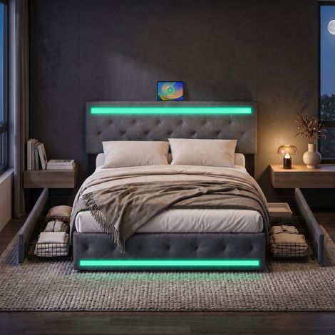 Bett Erwachsene 180x200, 4 Schubladen, Polsterbett mit LED & USB-C, verstellbares Kopfteil, Stauraumbett Leinen, moderner Skandi-Stil(180x200cm, Grau)