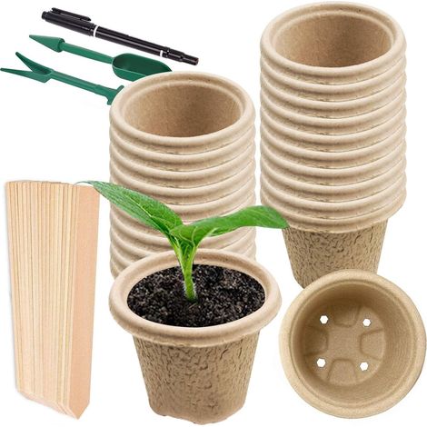 ZOLGINAH Pots de Semis en Fibre Biodégradable de 11 cm, 24 Pièces Pots de Tourbe pour Semis de Germination avec Bâtons étiquette en Bois et Stylo Feutre, Petits Outils Bien Pratiques (1/5)