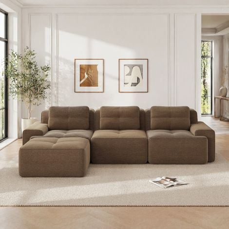 Sofá rinconero modular 3 plazas con otomana, sin montaje, tejido acanalado marrón HAVRYA (1/5)
