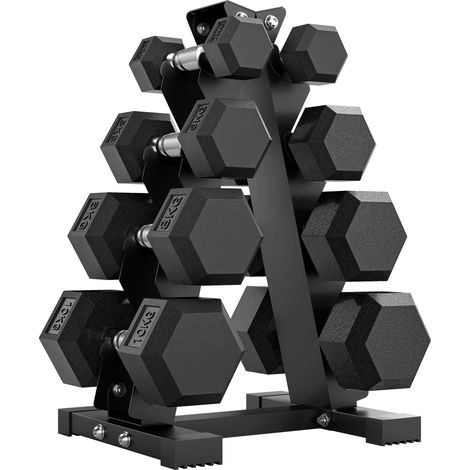 Set Manubri da Palestra Esagonali con Supporto e Impugnatura Antiscivolo, 2x2kg, 2x5kg, 2x8kg, 2x10kg, Nero (1/5)