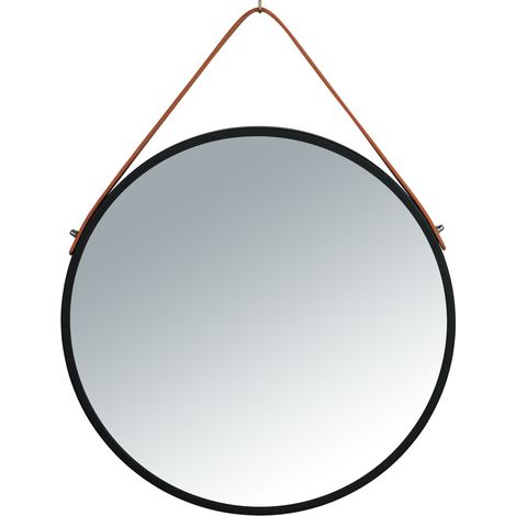 Wenko – Miroir mural rond 40 cm – Cadre métallique noir – Sangle en simili-cuir cognac – Pour salle de bain, chambre, couloir (1/7)