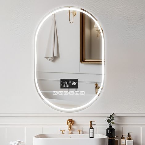 WILITTO Miroir de Salle de Bain Ovale LED avec Bluetooth - Miroir Anti-Buée, Éclairage 3 Températures, Enceinte Intégrée, Verre Trempé, 60x90cm, Design Moderne (1/5)