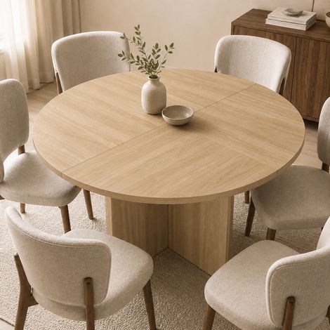 Table de salle à manger ronde, 120 x 120 cm, idéale pour 4 à 6 personnes, design classique, style minimaliste scandinave, coloris chêne (1/4)