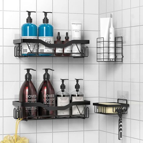 Etagère Douche, Etagere Salle de Bain Sans Percage, Rangement Douche, Support de gel Shampoing (4 Pièces Etagère Douche- Noir)