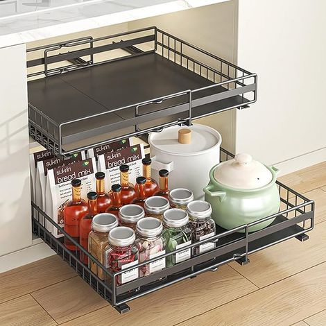 Extendable Pull Cabinet Organizer Telescopic Sliding Cabinet Organizer for Kitchen Adjustable Width Cabinet Organizer Black (1/5)