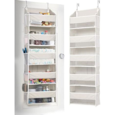 Sac de rangement à suspendre derrière une porte – 5 grandes poches – 10 poches en filet – Accessoire de rangement suspendu idéal pour les chambres, les salles de bain et les cuisines – Beige (1/5)