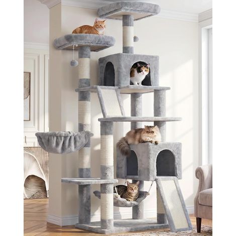 Arbre à Chat, Tour de Jeux pour Chats de 180cm, Tour à Chat Interieur avec 2 griffoirs, 7 poteaux à griffer, 2 perchoirs, 2 Lits pour Chat en Peluche, hamac, Gris Clair GCT032W (1/5)