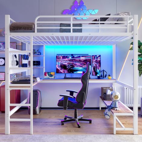 Lit mezzanine 140x200 cm bureau intégré panneau perforé étagères de rangement LED USB et USB-C échelle avec garde-corps structure métal et MDF Blanc (1/5)
