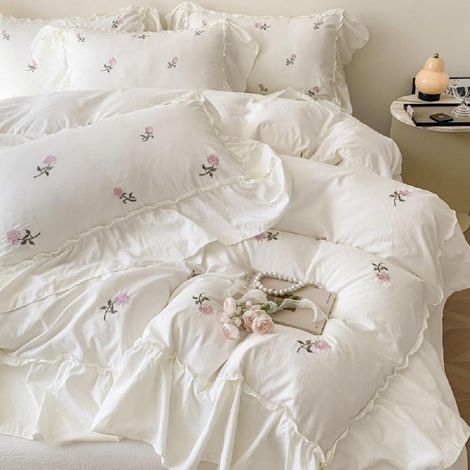 Ensemble de literie 200x200 Blanc Fleurs roses Franges enfant Broderie OEKO-TEX