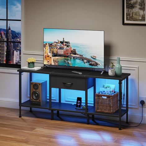 Meuble TV LED 120cm avec Prise, pour TV jusqu'à 55", Noir (1/5)