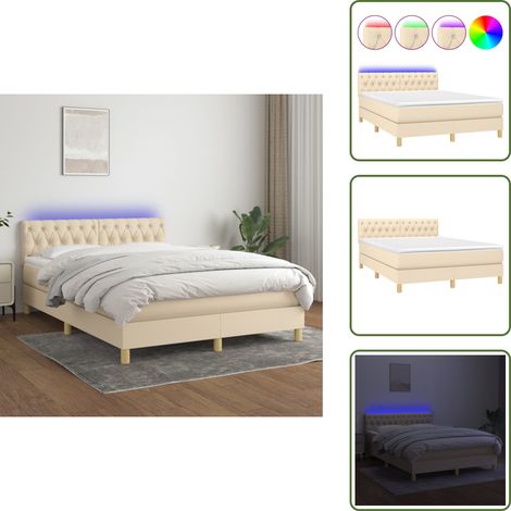 Cama con cabecero ajustable - vidaXL Cama box spring colchón y luces LED tela crema 140x190 cm - Cama con tira LED