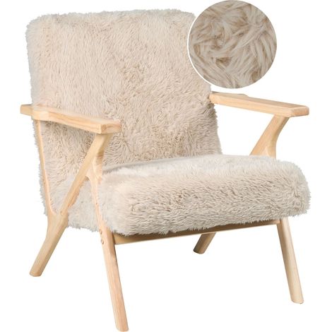 Armchair Light Beige Polyester Faux Fur Upholstery Retro Design Wooden Frame Armrests Living Room KISA