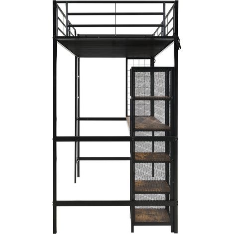Lit mezzanine en métal et MDF 90 x 200 cm avec bureau et rangements, noir et bois foncé (1/5)