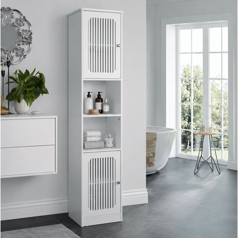 Colonne de salle de bains 36x30x163 cm en MDF blanc, étagères réglables, gain de place – MEUBLIV (1/5)