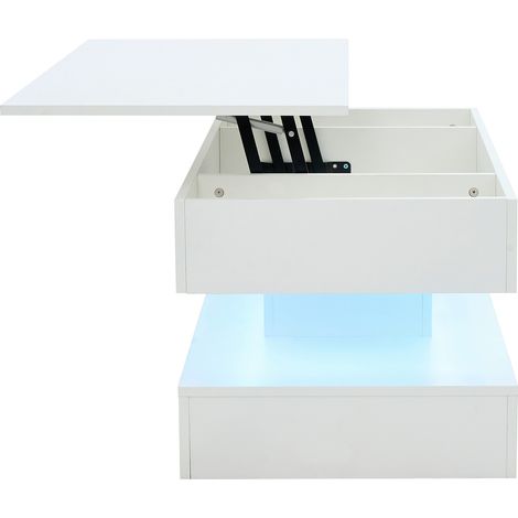Table basse LED blanche à plateau relevable hydraulique et rangement caché, prises électriques intégrées, 100 x 50 x 42 cm, 50 kg (1/5)