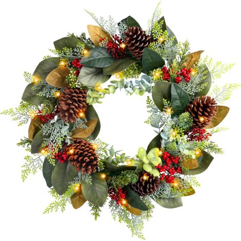 Guirlande De Noël Éclairée - Avec Pommes De Pin Et Baies Rouges - Pour Porte D'Entrée Fenêtre Ou Mur - 45 Cm - 1 Pièce