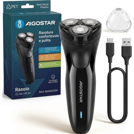 Aigostar Rasoio Elettrico Testina 3D Lame Doppio Anello Rifinitore LED Nero