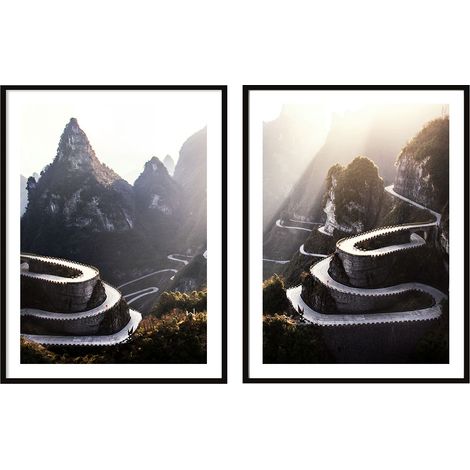 BILDPOSTER IM RAHMEN 53x73cm Diptychon Set mit 2 Gemälden Berge Straße P2092 (1/3)