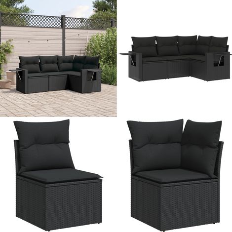 4-tlg. Garten-Sofagarnitur mit Kissen Schwarz Poly Rattan - Gartensorte - Gartenmöbelset - Esszimmergarnitur - Outdoor Möbel - Lounge Set - Home & Living (1/5)