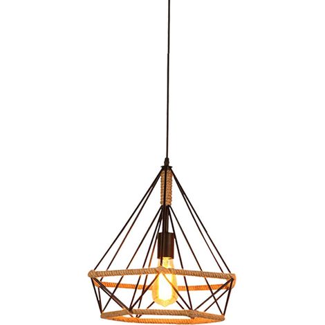 Pendelleuchte Hanf Seil Hängelampe mit Käfig Ø25cm Diamant Form Lampen im Industri Stil für für Wohnzimmer Esszimmer Schwarz 1PCS