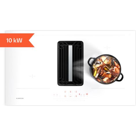 Klarstein AirJet 90 Plaque Induction Avec Hotte Intégrée - A++ Énergie, 750 m³/h, 10000 W Boost, Écran Tactile, Sécurité Enfant, Verre & Acier Inox, Blanc