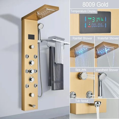 (8009A) Panneau de douche avec éclairage LED, colonne de salle de bain, écran numérique, type cascade/effet pluie