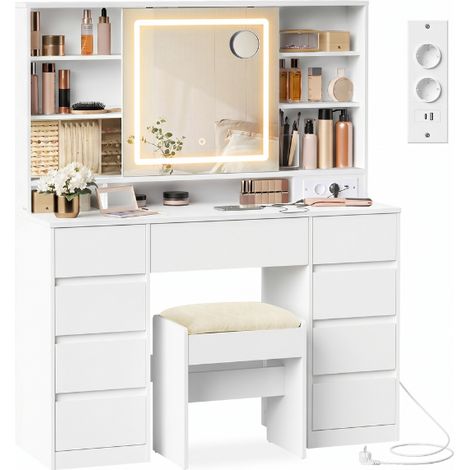 Coiffeuse avec miroir LED rangement bijoux 40 x 110 x 141,5 cm installation facile style moderne en aggloméré blanc (1/3)