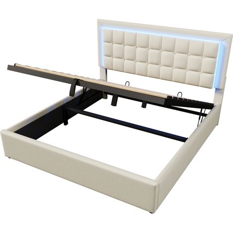 Cama tapizada 160 x 200 cm con somier, almacenaje y LED blanca polipiel HOMVRA (1/5)