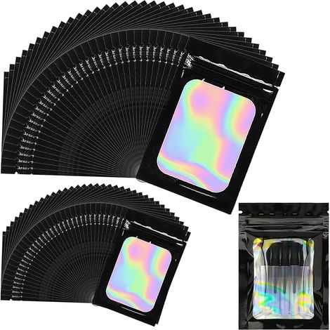 Sachet Holographique Refermable, 7 x 10/10,5 x 15cm Noir Sachet Plastique Holographique, Sachets Alimentaires Zip avec Fenêtres Transparente (1/3)