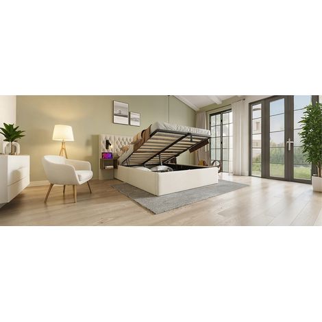 Letto contenitore 180x200 con 2 comodini, lampade da lettura, USB-C, beige HAVRYA (1/5)