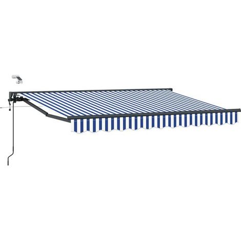 Store banne motorisé rétractable, bleu, blanc et gris anthracite, 2,5 x 2 mètres. (1/5)
