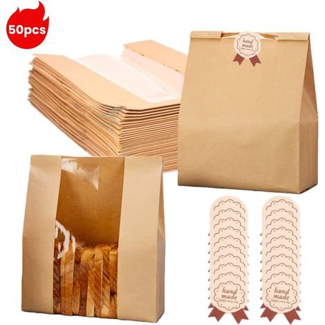 Paquete de 50 bolsas de papel kraft marrón con ventana y etiquetas adhesivas, 21x10x32cm, para almacenar pasteles y otros productos. (1/5)