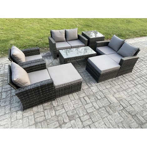 Fimous 8 Seater Outdoor Rattan Patio Furniture Set Garden Lounge Sofa Set with Armchairs Side Table 2 Big Footstool Coffee Table Dark Grey Mixed (1/5)