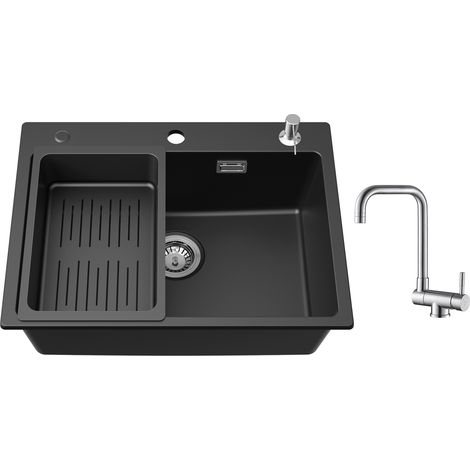 Cecipa Evier en Quartz et Résine 60 x 45cm, avec Panier de Vidange et Distributeur de Savon Gratuits + Robinet Cuisine Rabattable Mitigeur de Evier Repliable Brossé (1/5)