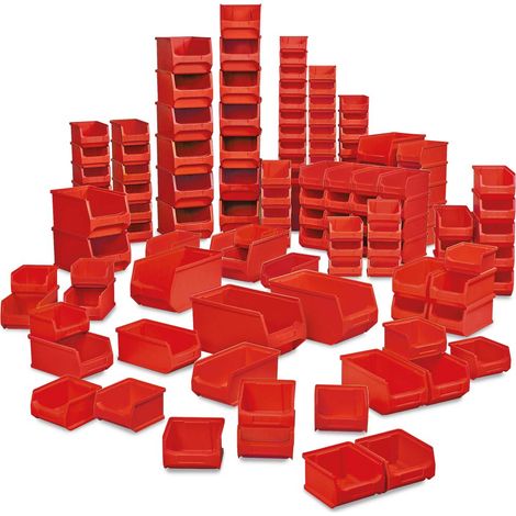 BRB Lot de 100 boîtes de rangement professionnelles de qualité industrielle, couleur rouge, 55 tailles LB6, 35 tailles LB5, 10 tailles LB4 (1/3)