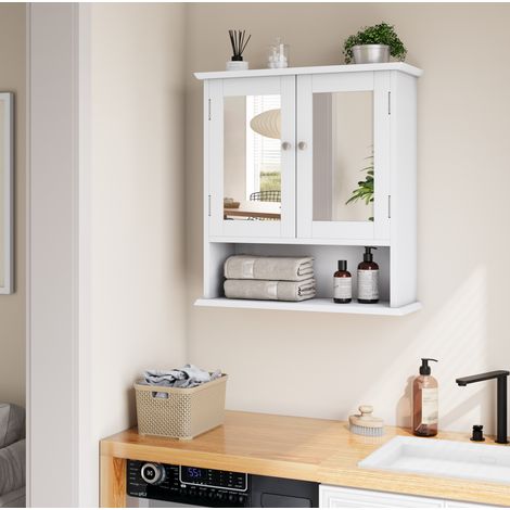 Spiegelschrank Badezimmer MDF Weiß 54,6 cm, wandmontiert, mit verstellbarem Einlegeboden und offenem Fach (1/5)