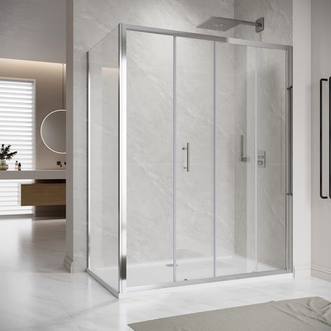 ELEGANT 1200x800mm Sliding Door Shower Enclosure with 800mm Side Panel,SMC Tray & Waste Trap (6mm, Aluminium Frame)