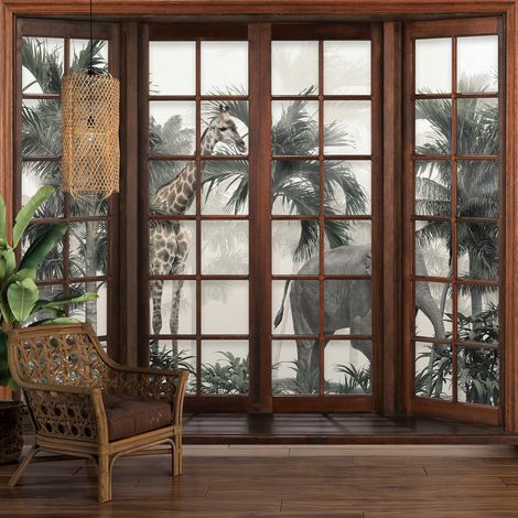 Papier peint panoramique Trompe l'oeil Fenêtre en bois - Animaux de la Jungle - 130 cm x 104 cm (1/5)