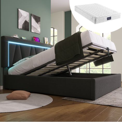 lit adulte coffre LED USB C 140x200 gris matelassé HAVRYA (1/5)