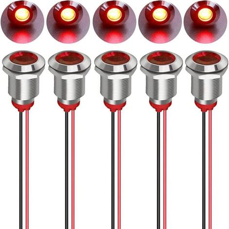 LED da 12 mm 12/24 V CC, indicatori in metallo - Luce di segnalazione impermeabile, spia direzionale per cruscotto con cavo (rosso)