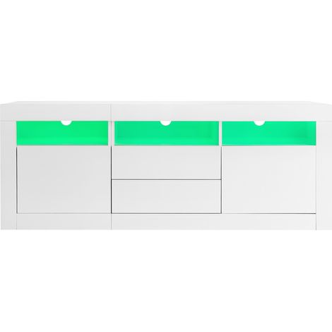 Meuble TV blanc brillant 160 x 35 x 60 cm avec LED, 3 niches, 2 portes, 2 tiroirs (1/5)
