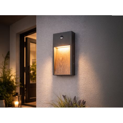 LED Außenwandleuchte SALMON mit Bewegungsmelder Anthrazit & Holzoptik, H 33cm