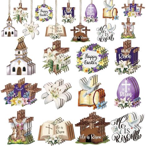 Ornement De Pâques En Bois - Motif He Is Risen Croix Lapin Oeuf De Pâques - Décoration Arbre Maison Fenêtre Cheminée - 36 Pièces (1/5)